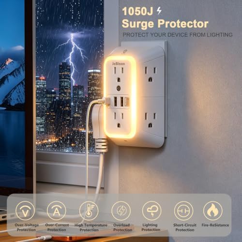Multi Plug Outlet Surge Protector, 6 Outlet Extender and 4 USB with PD30W USB-C Fast Charging, 3-Sided 1050J Surge Protector Power Strip with Night Light for Home Travel Office-ETL
