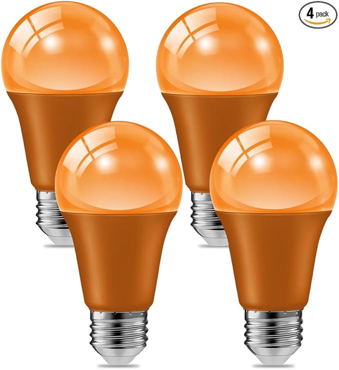 haraqi 4 Pack 9W (60W Equivalent) 120V E26 Base A19 LED Colored Light Bulb, Orange LED Lights for Party Christmas Decor and Halloween Lighting