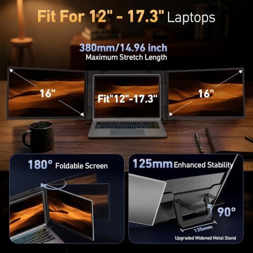 Vixtan 16.1" Triple Laptop Screen Extender, Lightweight FHD IPS Portable Monitor for Laptop, USB-C Plug & Play Multi Screen Attachment for 13-17.3" laptops with Windows/Mac/Chrome