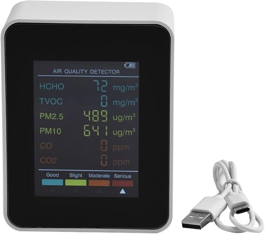 Air Quality Monitor, Multifunctional 6 in 1 C02 Detector PM2.5 PM10 HCHO TVOC Meter Air Quality Monitor, Test Indoor Pollution and Humidity Indoor