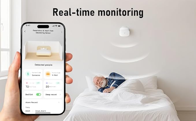 60GHz mmWave Radar Sleep Monitor, Non-Wearable Heart Rate and Breathing Sensor, WiFi Smart Presence Detector for Elderly Care, Real-Time Vital Signs Tracker, Compatible with Alexa & Google Home