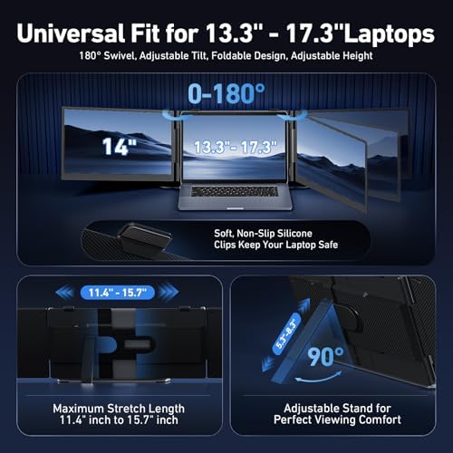 Vixtan 14" Triple Laptop Screen Extender, 3.0 lbs Lightweight FHD IPS Portable Monitor for Laptop, USB-C Plug & Play Multi Screen Attachment for 13-17.3" laptops with Windows/Mac/Chrome