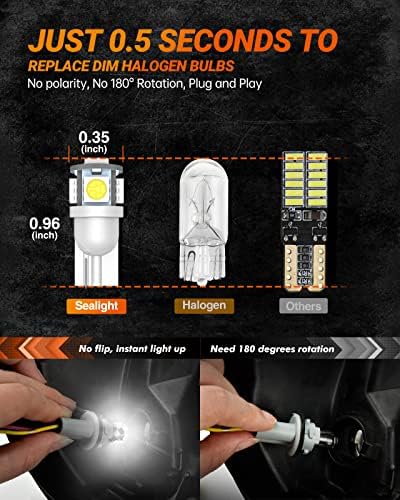 SEALIGHT 194 LED Bulbs, 168 W5W 2825 LED Bulb 6000K White Super Bright Replacement for License Plate Light, Dome Light, Map Light,Courtesy Light (Pack of 10), Automotive Parking Light Assemblies