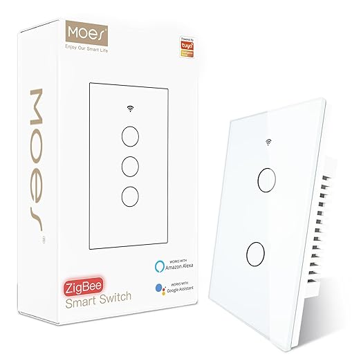 MOES Zigbee Smart Switch 2 Gang, Require MOES Zigbee Hub and Neutral Wire, Double Inteligente Light Switch, Work as Relay, Support Tuya Smart Life, White