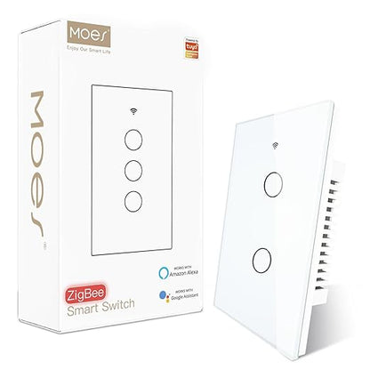 MOES Zigbee Smart Switch 2 Gang, Require MOES Zigbee Hub and Neutral Wire, Double Inteligente Light Switch, Work as Relay, Support Tuya Smart Life, White