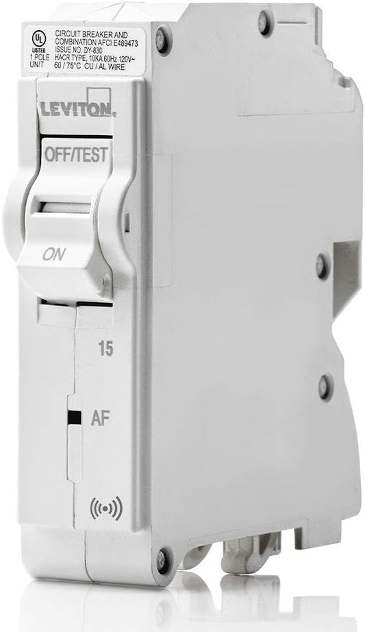 Leviton 15A 1-Pole Plug-On Smart AFCI Branch Circuit Breaker, Hydraulic Magnetic, 120 VAC, LB115-AS, White