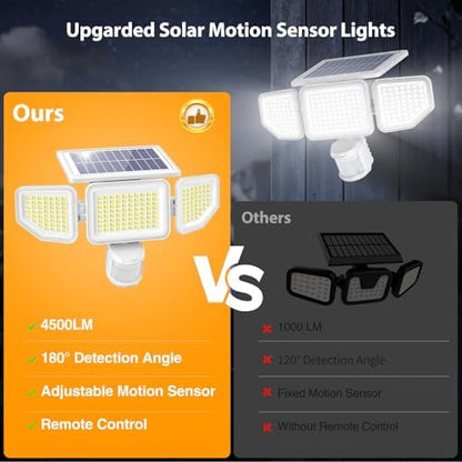 Onforu 4500LM Solar Lights Outdoor, 3 Heads Security Lights with Remote Control, IP65 Waterproof Motion Sensor Lights, 3 Modes Flood Lights for Wall, Porch, Yard, Outside, 2 Pack, White