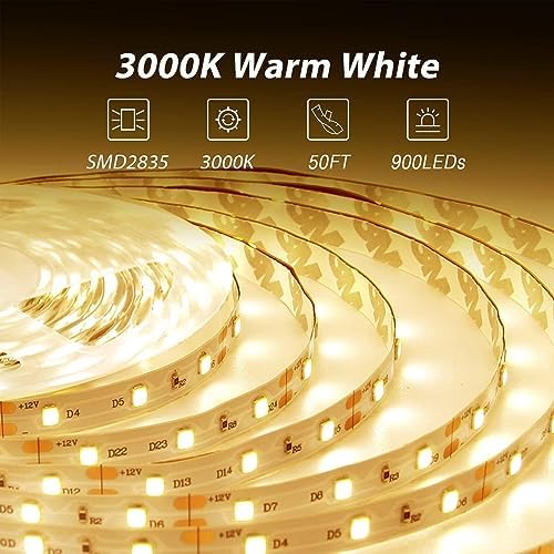 dalattin Warm White LED Strip Lights 50ft, Led Lights Strip Dimmable Bright 24V 3000K, 900 LEDs Lights for Bedroom, Mirror, Kitchen, Strong Adhesive（2 Rolls of 25ft）