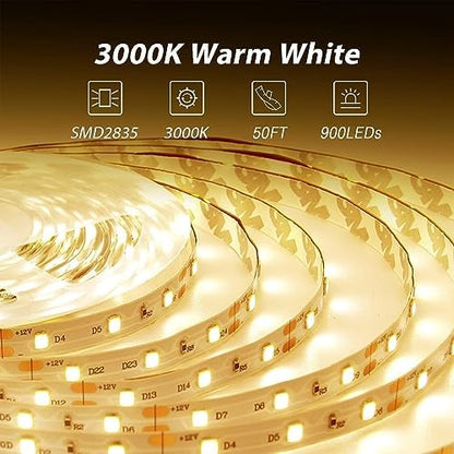 dalattin Warm White LED Strip Lights 50ft, Led Lights Strip Dimmable Bright 24V 3000K, 900 LEDs Lights for Bedroom, Mirror, Kitchen, Strong Adhesive（2 Rolls of 25ft）