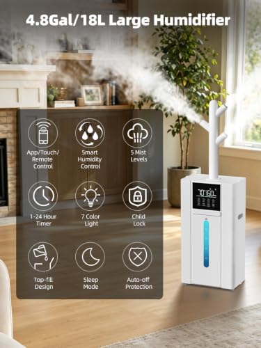 Smart Humidifiers for Large Room - GloryAir 4.8Gal Top Fill Cool Mist, App