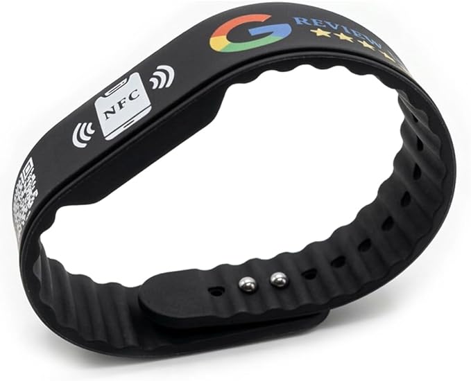 Smart NFC Social Media Wristband – Silicone QR Bracelet for Facebook, Instagram & Google Reviews | Waterproof | Lifetime Link Update | Analytics Dashboard (NFC-WB-GOOG-BLK-V1)