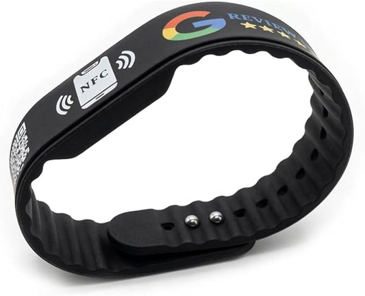 Smart NFC Social Media Wristband – Silicone QR Bracelet for Facebook, Instagram & Google Reviews | Waterproof | Lifetime Link Update | Analytics Dashboard (NFC-WB-GOOG-BLK-V1)