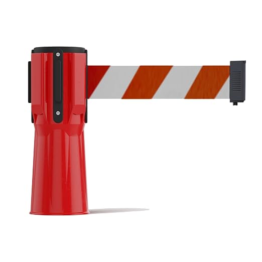 Trafford Industrial 11 ft Cone-Mounted Retractable Belt Barrier Red Case with Red and White Diagonal Belt