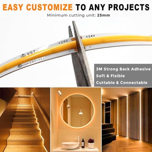 VST 16.4ft COB LED Strip Lights Cool White 6500K, 12V Dimmable LED Tape Light, 48w, 2400LEDs, Ra 93+, IP30, Lighting for Kitchen, Cabinets, UL Listed (Power Source Not Included)