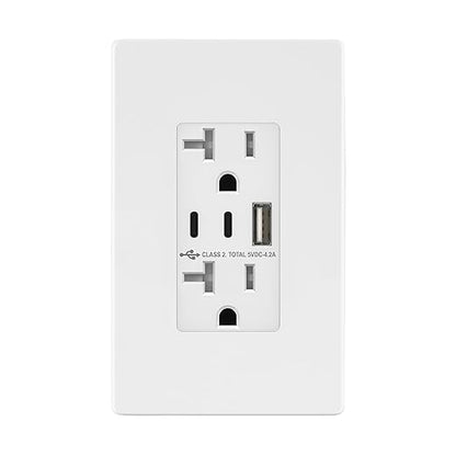 TOPGREENER 4.2A 21W 3-Port Type C USB Outlet, 20 Amp Receptacle Plug, Charging Power Outlet with Dual Type C&A Ports, Screwless Wall Plate Included, UL Listed, TU22042AC2-WSID, White