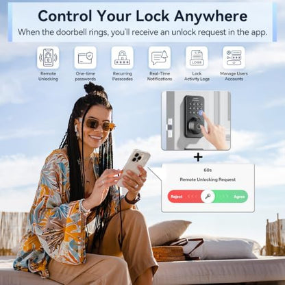 Ulecoce U68W WiFi Fingerprint Smart Door Lock with Knob Set, Matte Black