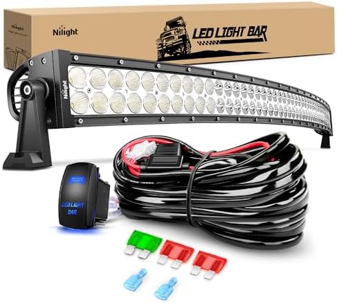 Nilight 50Inch 288W Curved Spot Flood Combo Led Light Bar Off Road Driving Lights Boat Lights Fog Light 12V On/Off 5 Pin Rocker Switch Power 12AWG Wiring Harness Kit-1 Lead for Trucks,2 Years Warranty