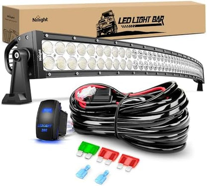 Nilight 50Inch 288W Curved Spot Flood Combo Led Light Bar Off Road Driving Lights Boat Lights Fog Light 12V On/Off 5 Pin Rocker Switch Power 12AWG Wiring Harness Kit-1 Lead for Trucks,2 Years Warranty