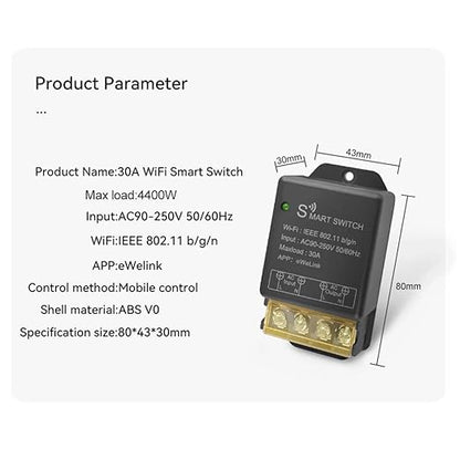 30A Smart WiFi Relay Switch, Wireless Intelligent Remote Control for Lights, Home Appliances, Lamps, Water Pumps, Works with eWeLink, APP & Voice Control, 2.4G Remote Compatible
