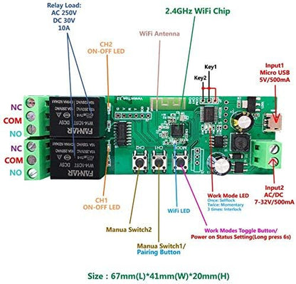 2-Channel WiFi Smart Switch Relay Module, TUYA/Smart Life App for Smart Home Remote Control, Momentary Time Adjustable, Compatible with Alexa/Google Assistant