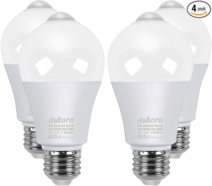 Aukora Motion Sensor Light Bulbs 4-Pack, 12W (100-Watt Equivalent) E26 Motion Activated Dusk to Dawn Security Light Bulb Outdoor/Indoor for Front Door Porch Garage Basement Hallway Closet(Cold White)