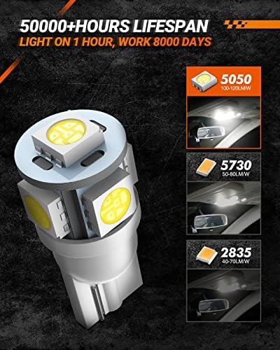 SEALIGHT 194 LED Bulbs, 168 W5W 2825 LED Bulb 6000K White Super Bright Replacement for License Plate Light, Dome Light, Map Light,Courtesy Light (Pack of 10), Automotive Parking Light Assemblies