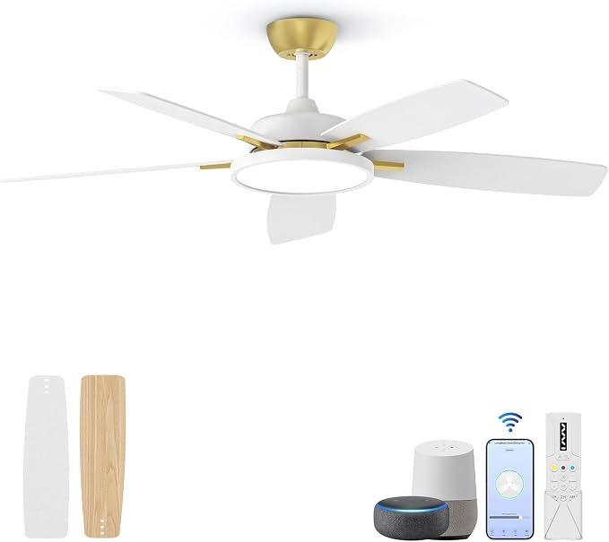 Roomratv 52 Inch Smart Ceiling Fan Compatible with App/Alexa/Google home | White Gold,Beep-Off Function,Ultra Quiet,Bright and Dimmable Led Light,Energy saving,Reversible,Remote Control