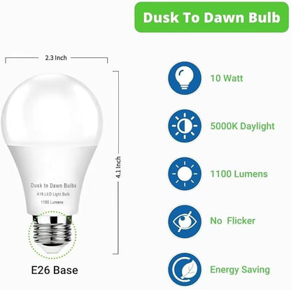 4-Pack 10W Dusk to Dawn LED Light Bulbs, Equivalent 75W, 4000K Cool White, 1100LM, Auto On/Off Light Sensor, A19 Bulbs, E26 Base, Outdoor/Indoor Use, Energy Efficient (Non-Dimmable)