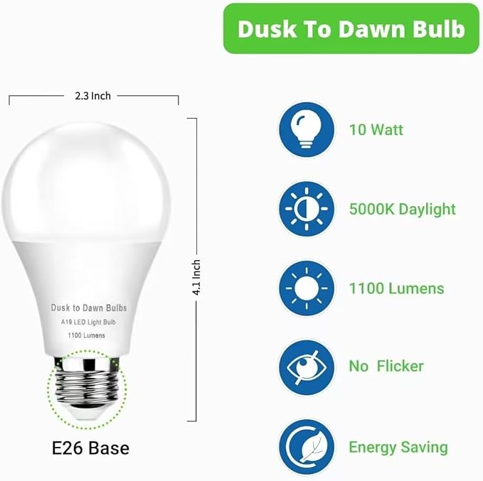 4-Pack Dusk to Dawn Light Bulbs Outdoor 75 Watt Equivalent, Automatic On/Off Sensor LED Bulb, 10W Daylight 5000K,1100 Lumen, A19 E26 Bulbs Photocell for Wall lamp Porch Garage Yard Light(Non-dimmable)