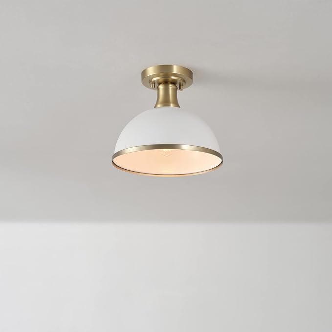 Globe Electric 66000037 1-Light Semi-Flush Mount Ceiling Light, Matte White, Brass Accents, Bedroom Lighting Fixtures Ceiling, Dining Room Fixture, Timeless Lighting for Hallway or Dining Room