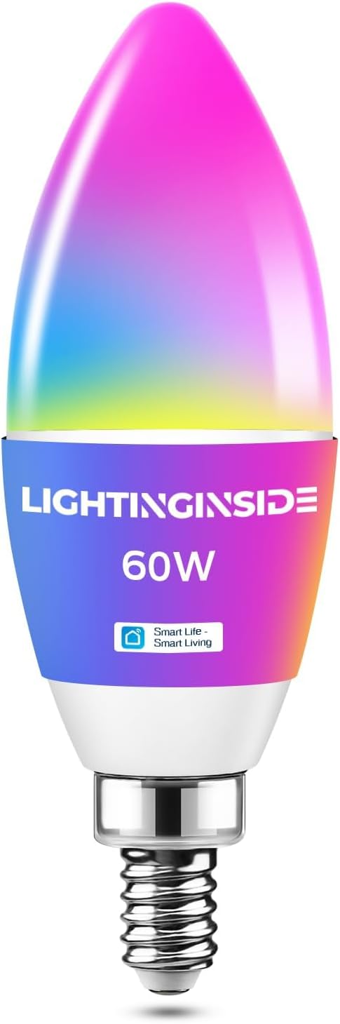 Lightinginside E12 Smart Light Bulbs 60W Equivalent, 2.4G WiFi Only, 500LM 6W WiFi E12 LED Bulb Compatible with Alexa/Google Assistant, 84+CRI, Candelabra Bulb, No Hub Required, ETL Listed,1PC