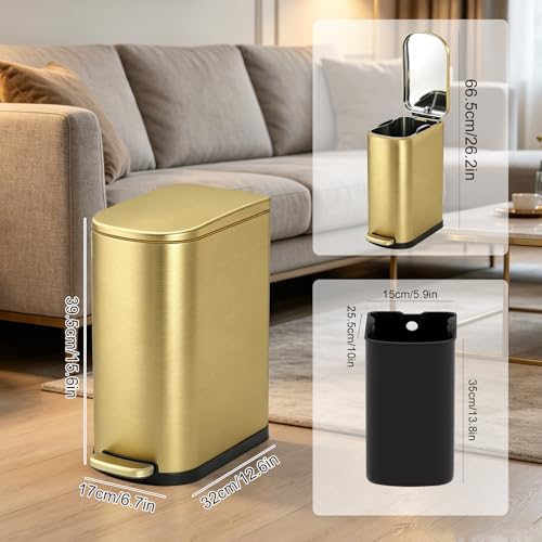 SYNCVIBE Bathroom Trash Can with Soft Close Lid 3.5 Gallon Gold