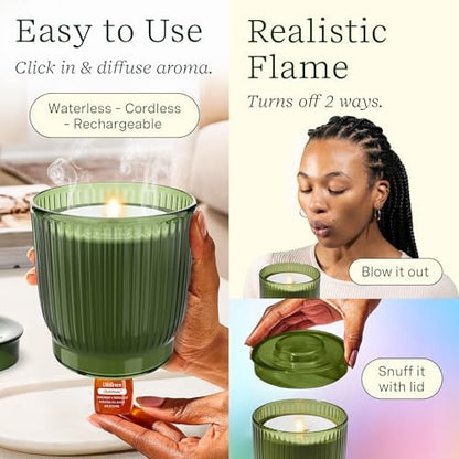 Lifelines Flameless Candle Aromatherapy Essential Oil Diffuser with ClickWick Essential Oil Blend - Cordless & Waterless Diffuser for Home - Scented Electric Candles Blow Out Flame- Olive Ribbed