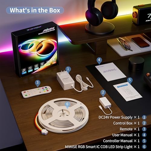 MIWISE RGB Smart IC COB LED Strip Light,20ft Color Chasing Flexible LED Tape Light,WS2811 Addressable RGB Strip with APP Control/Music Mode,Work with Alexa/Google,for Party/Home DIY Lighting Projects