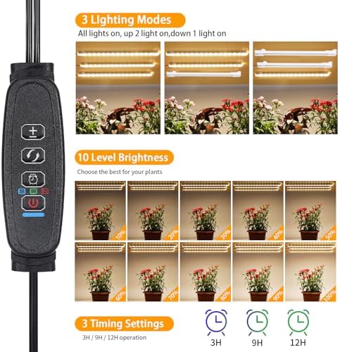 LED Grow Light Strips, Grow Lights for Indoor Plants Full Spectrum 3000K, Plant Light Bar with 3/9/12H Timer, 10 Dimmable Levels for Seedling Succulent,Best Match for Plant Shelf(3 Head×2 Pack)