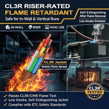 18/8 Thermostat Doorbell HVAC Wire, True Gauge 18 AWG 8 Conductor Solid Copper Control Cable, ETL Listed CL3R/CMR Riser Rated Flame-Retardant, RoHS, for 0-30V Low Voltage Systems - 75FT