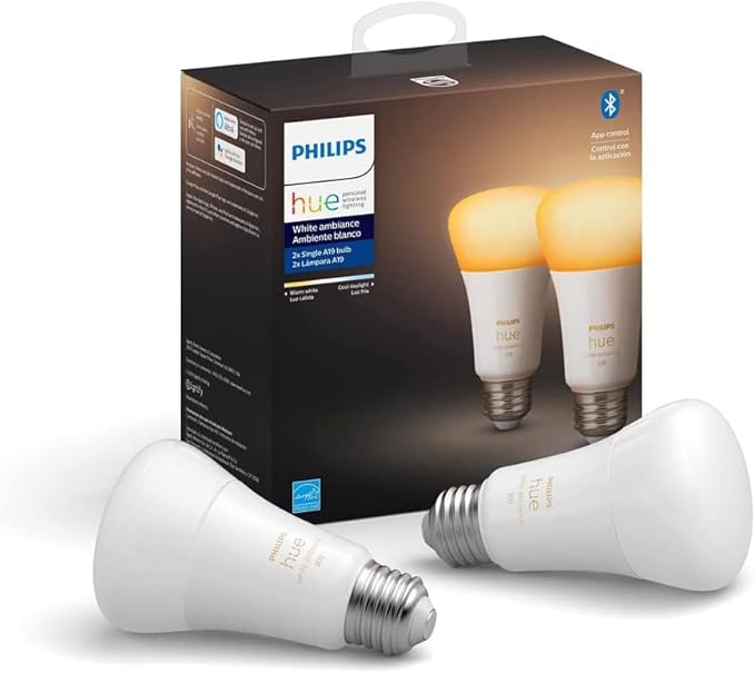 Philips Hue White Ambiance 2-Pack A19 LED Smart Bulb, Bluetooth & Zigbee Compatible (Hue Hub Optional),Compatible with Alexa & Google Assistant – A Certified for Humans Device (Renewed)