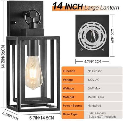 14 in Outdoor Wall Sconces Lanterns,Double Cage Square Black Outdoor Light Fixture,Waterproof Exterior Light Fixtures,Outside Lights for House Garage,Front Porch,Patio,Foyer,E26 Base,2 Packs
