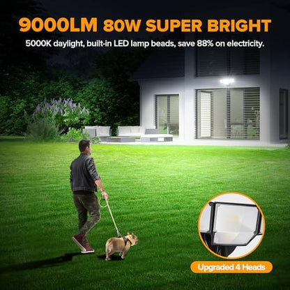 LUTEC 80W 9000LM Flood Lights Outdoor, Hardwired Switch Controlled LED Security Lights with 4 Heads, IP65 Waterproof, 5000K Daylight for Garage, Yard, Patio (Black)