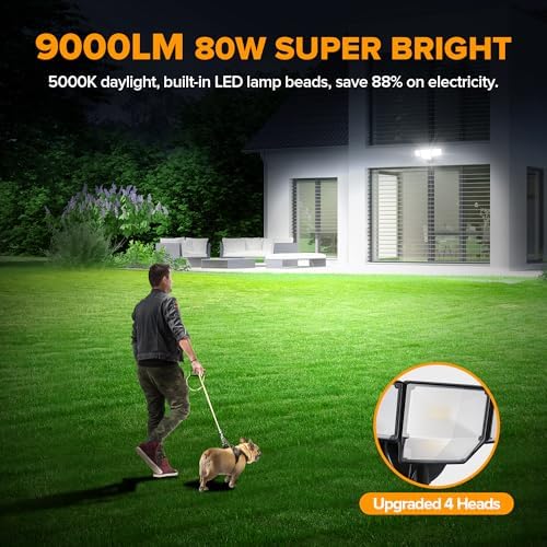 LUTEC 80W 9000LM Flood Lights Outdoor, Hardwired Switch Controlled LED Security Lights with 4 Heads, IP65 Waterproof, 5000K Daylight for Garage, Yard, Patio (Black)