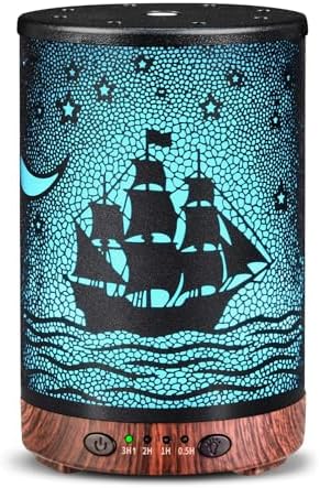 Essential Oil Diffuser 120ML Metal Aromatherapy Diffuser with Timer, Cool Mist Humidifier with Auto Shut-Off & 7 Color Lights for Home Office Spa (Sailing Ship)