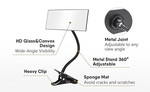 Clip On/Stick-On Office Desk Mirror for Personal Safety Desk Rear View Monitor Computer Cubicle Cabinet Workstation Security Gooseneck Mirror Black (6.69"x2.95" 1 Framed)
