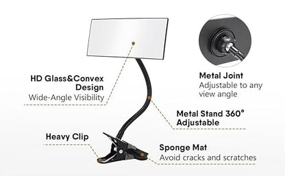 Clip On/Stick-On Office Desk Mirror for Personal Safety Desk Rear View Monitor Computer Cubicle Cabinet Workstation Security Gooseneck Mirror Black (6.69"x2.95" 1 Framed)