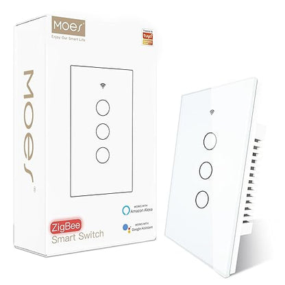 MOES Zigbee Smart Switches 3 Gang, Require MOES Zigbee Hub and Neutral Wire, Inteligente Single Pole Light Switch, Work as Relay, Support Tuya Smart Life, White