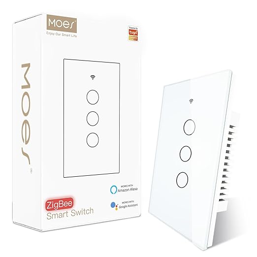 MOES Zigbee Smart Switches 3 Gang, Require MOES Zigbee Hub and Neutral Wire, Inteligente Single Pole Light Switch, Work as Relay, Support Tuya Smart Life, White
