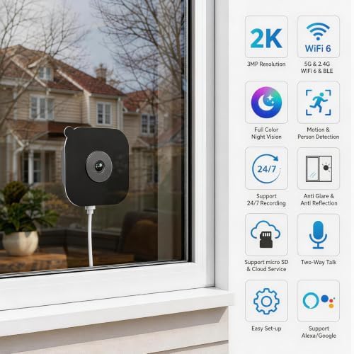2K 3MP Window Camera with Night Vision, 5GHz & 2.4GHz WiFi Safeview Indoor Camera for Home Security, Anti-Glare Design, Motion/Human Detection, Easy & Quick Setup, 24/7 Recording (Gray, 1 Pack)