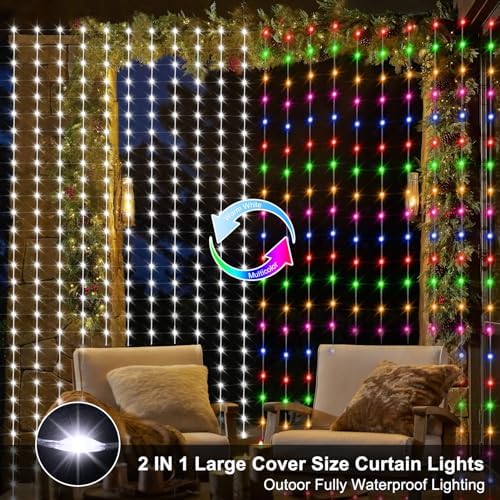 echosari 20Ft x 10Ft Large Curtain Lights Plug in, 600 LED Dual Color Changing Outdoor Curtain Lights Waterproof Connectable with Remote for Wedding Backdrop Yard Decor (Cool White & Multicolor)