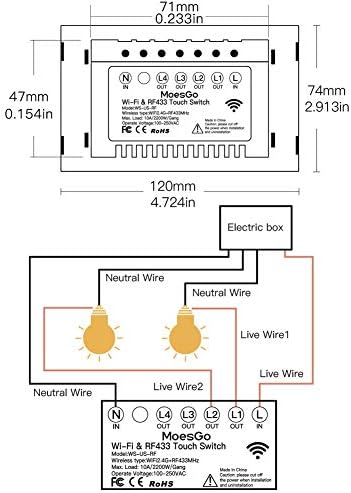 MoesGo WiFi Smart Wall Light Switch,Glass Panel, Multi-Control(3 Way), 2.4GHz Wi-Fi Touch Switches, Neutral Wire Required, Remote Control Smart Life/Tuya App, Work with Alexa, Google Home Black 1 Gang
