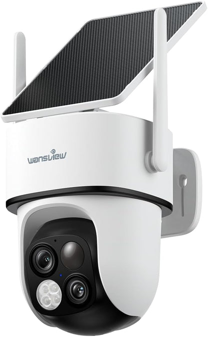 wansview Solar Camera Outdoor Wireless-2K 360°PTZ Cameras for Home Security with Dual Lens, Solar Panel/Battery Powered, PIR Detection, Color Night Vision, 2.4Ghz Wi-Fi Only, Works with Alexa, B7 1P W