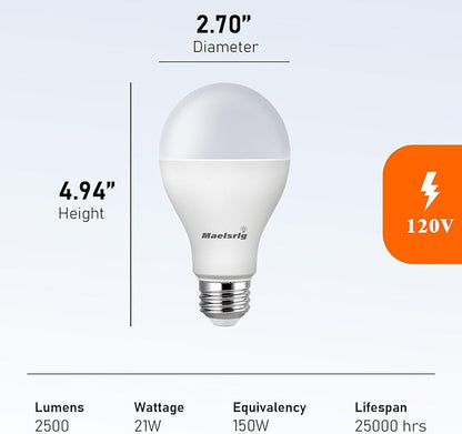Maelsrlg 150 Watt Equivalent LED Bulb, 21W Super Bright 2500 Lumens A21 Light Bulbs, Daylight 5000K, Non-Dimmable, E26 Base, 4-Pack
